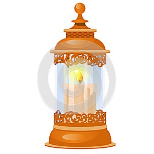 Decorative element on theme of Christmas and New year isolated on white background. Glass transparent lamp in oriental