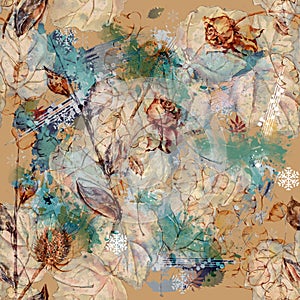 Decorative elements on beige background. Floral seamless pattern for design.