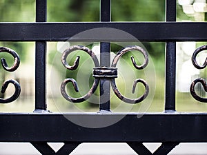 decorative elements of the fence on a background of greenery