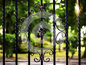decorative elements of the fence on a background of greenery