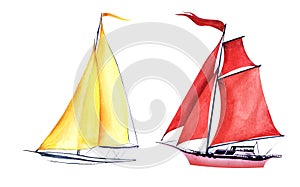 Decorative elements. Lightweight pink abstract sailing yacht with red sails. Yellow sailing ship with orange waving flag