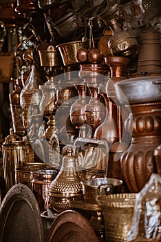Decorative elements on the souk market in the old town, Medina in Morocco. Jug for brewing the tea