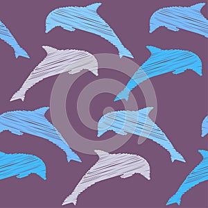 Decorative embroidered dolphins swim in the sea and ocean. Seamless pattern. Marine life. Cute cartoons.