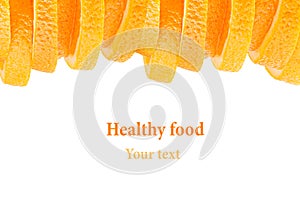 Decorative ending from a pile of slices of juicy orange on a white background. Fruit border, frame. Isolated. Food background. Cop