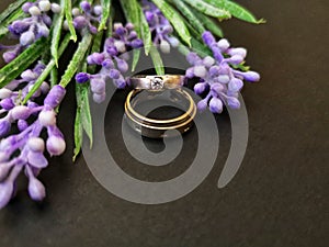 Closeup with wedding rings with beautiful roses flower background.
