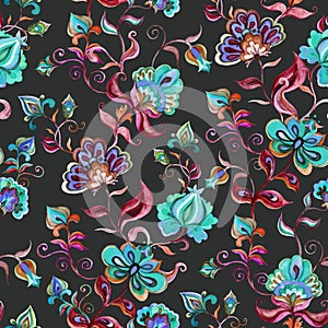 Decorative fairy flowers at black background. Repeating pattern. Watercolor in Eastern European folk