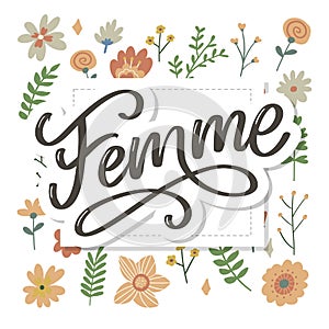 Decorative femme text lettering calligraphy flowers brush slogan