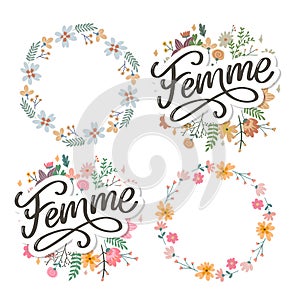 Decorative femme text lettering calligraphy flowers brush slogan