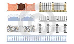 Decorative Fences Set, Wooden, Wrought Iron, Stone, Brick Fences Vector Illustration