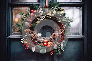 Decorative festive Christmas wreath on old wooden door. AI generated