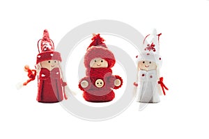 Decorative figures Christmas themes. for New Year's tree: knitted figurines of gnome, angel, snowman isolated on white