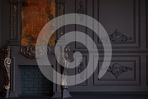 Decorative fireplace, vintage mirror and chandelier in classical black room interior