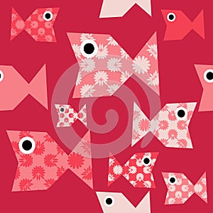 Decorative fish with a floral pattern swim in the sea. Seamless background. Cute cartoons.