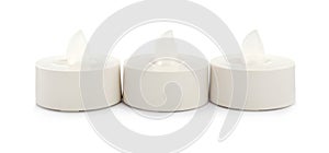 Decorative flameless LED candles on white background