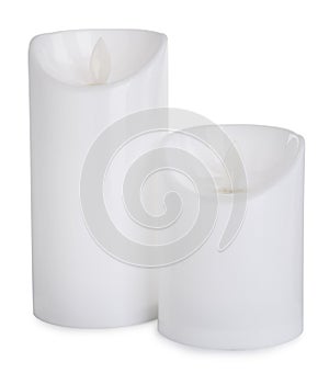 Decorative flameless LED candles on white background