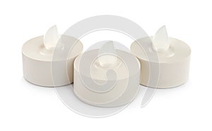 Decorative flameless LED candles on white background