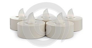 Decorative flameless LED candles on white background