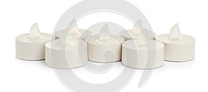 Decorative flameless LED candles on white background