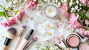 Decorative flat lay composition with cosmetics and flowers. Flat lay