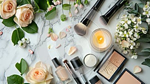 Decorative flat lay composition with cosmetics and flowers. Flat lay