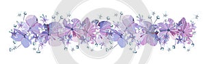 Decorative Floral border with purple flowers with buds and small light blue florets on white background
