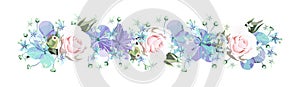 Decorative Floral border with softness roses and purple flowers with buds and small light blue florets on white background.