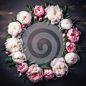 Decorative floral frame, banner made of pink and white peonies flowers. Wooden table background created with Generative AI