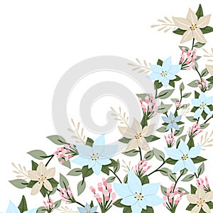 Decorative floral frame with blue and pink flowers, leaves and branches