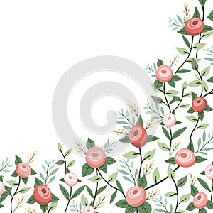 Decorative floral frame with red flowers, leaves and branches