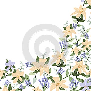 Decorative floral frame with yellow and purple flowers, leaves and branches