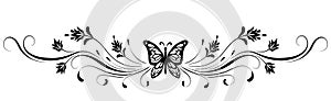 Decorative floral ornament with butterfly, leaves, flowers and abstract lines. Element for decor and greeting card design