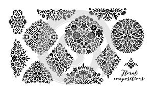 Decorative Floral Symmetrical Ornament Set. Collection Ethnic Flourish Stencil in Geometric Shapes. Floral Rhombus, Oval