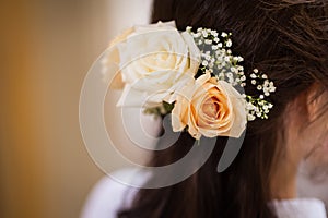 Decorative flowers in bride's hair