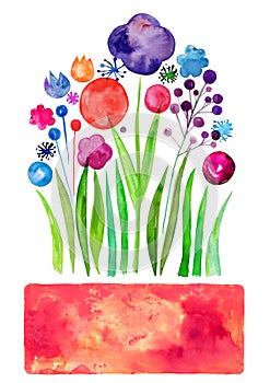 Decorative flowers in a pot, Translucent overlying watercolor flower, Meadow flowers, celebration delicate watercolor flowers