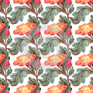 Decorative flowers seamless pattern. Botanical illustration drawing with watercolors and colored pencils. The tapestry is created