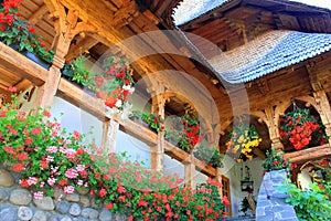 Decorative flowers on traditional romanian house