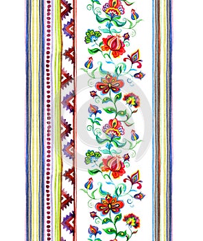 Decorative folk art of Eastern Europe - seamless floral border with native ornate flowers, stripes. Watercolor