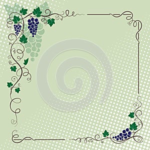 Decorative frame with bunch of grapes, grape leaves, vines, swirls.