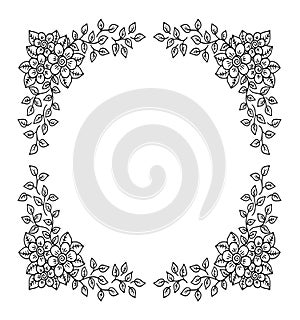 Decorative frame composition with, flowers, ornate elements in doodle style