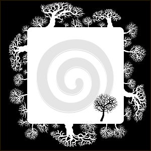 Decorative frame with floral elements. Silhouette of a forest