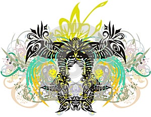 Tribal bird frame with floral elements