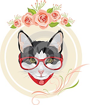 Decorative frame with pink roses and portrait of a funny cat with red glasses