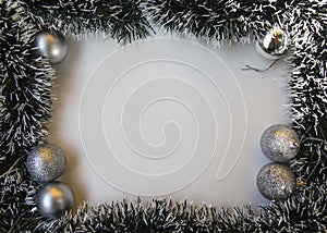 Decorative frame with place for text on white background, greeting cards made from tinsel and christmas balls, Christmas, New Year