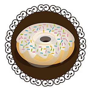 decorative frame with realistic picture donut with strawberry glazed and colored sparks