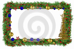 Decorative frame of spruce branches and colorful New Year`s decoration around the edges