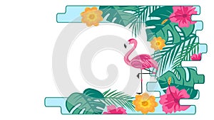 Decorative frame with tropical flowers and flamingo, vector illustration, decorative element