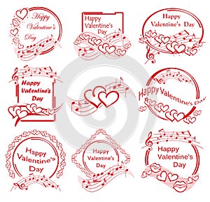 Decorative frames with hearts and music notes for saint valentine day events - vector set of romantic stamps