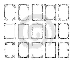 Decorative frames. Vintage hand drawn ornamental borders. Antique elegant book decoration ornament. Flourish filigree