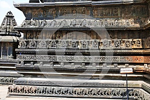 Decorative friezes with animal figures, dancers, and deities. Chennakeshava temple. Belur, Karnataka.