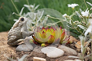 Decorative frog sits near the flower that grows at the pond